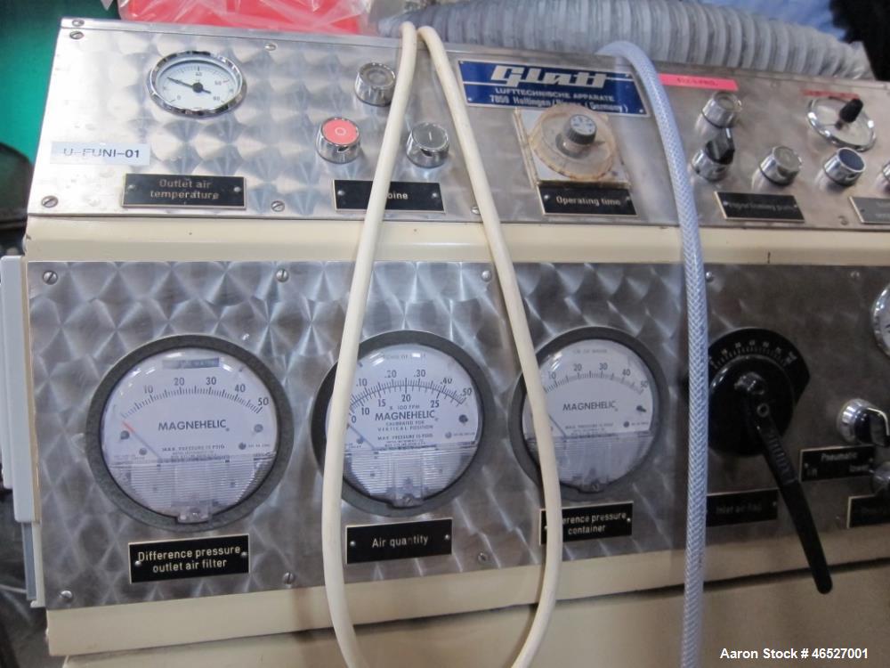 Used Glatt Uni-Glatt Laboratory Fluid Bed Dryer. Stainless Steel construction on product contact areas. Approximately rated 0.5 to 3Kg. capacity. 1.1 kw Fan, 4.4 kw electric heater. Includes control ...