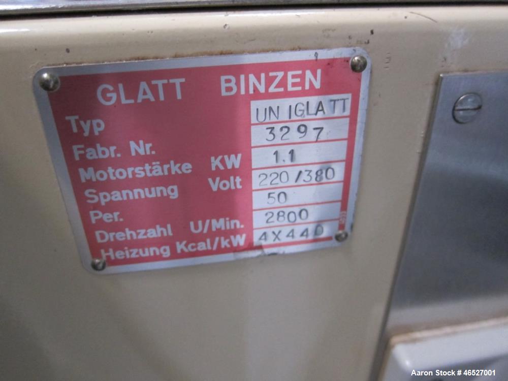 Used Glatt Uni-Glatt Laboratory Fluid Bed Dryer. Stainless Steel construction on product contact areas. Approximately rated 0.5 to 3Kg. capacity. 1.1 kw Fan, 4.4 kw electric heater. Includes control ...