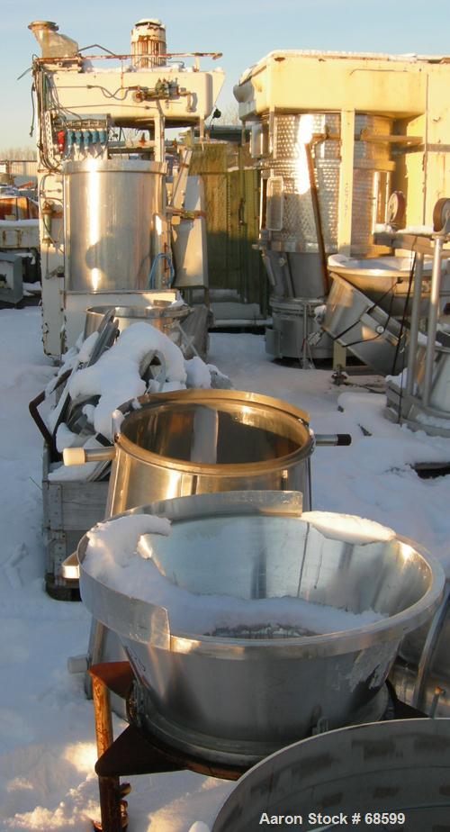 USED: Glatt fluid bed dryer, type WSG30. 304 stainless steel construction. Working capacity 44-110 lbs (20-50 kilos) product. (3) 3 section interchangeable beds: 1 coating, 1 drying, 1 granulating, a...