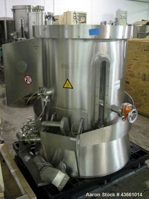 Used Glatt Wurster insert, 18" diameter with three spray guns. PRICE INCLUDES A 15% BUYERS PREMIUM. AS IS WHERE IS, LOADING & REMOVAL FEES EXTRA, COST TO BE DETERMINED.