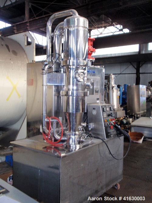 Used Niro Aeromatic Fluid Bed Multi-Processor, model MP-1, stainless steel. Electo-polished internal, approximate 20 liter chamber, minimum batch weight 0.5 kg, maximum 7.5 kg. Fluidisation velocity ...