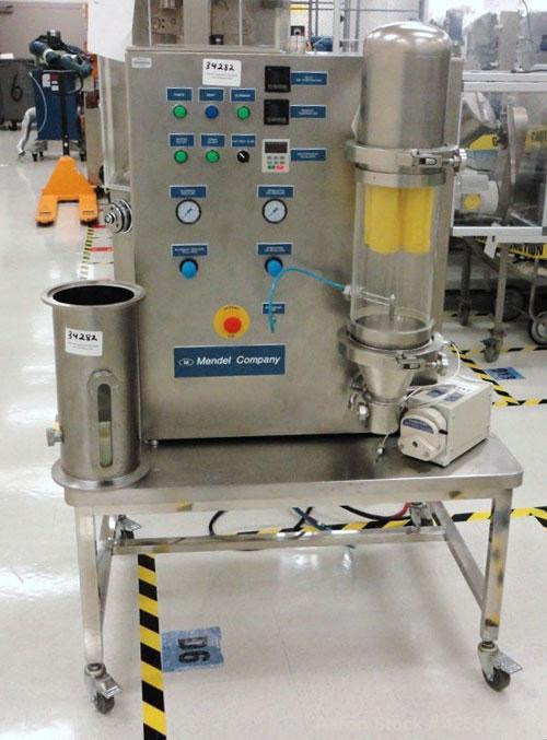 Used Mendel Fluid Bed Dryer, Model MFB-Micro, Stainless Steel.1.3 Liter bowl, (.75) kw blower, 1 kw heater, (.05) kw pump, rated 40-200 grams. Built 2004.