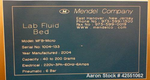 Used Mendel Fluid Bed Dryer, Model MFB-Micro, Stainless Steel.1.3 Liter bowl, (.75) kw blower, 1 kw heater, (.05) kw pump, rated 40-200 grams. Built 2004.