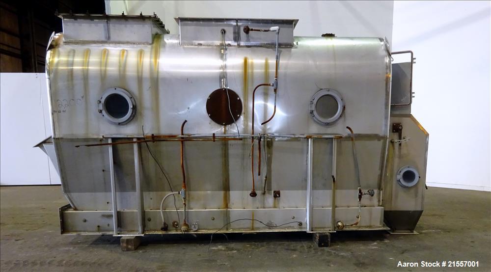 Used Scott Fluid Bed Dryer, Stainless Steel. Approximate 32" wide x 13' long, approximately 32 square feet of drying area. Includes cover.