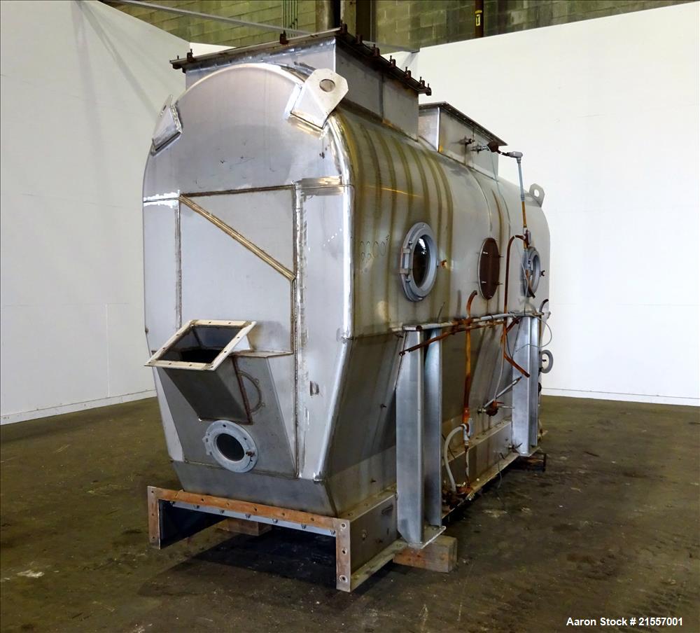 Used Scott Fluid Bed Dryer, Stainless Steel. Approximate 32" wide x 13' long, approximately 32 square feet of drying area. Includes cover.
