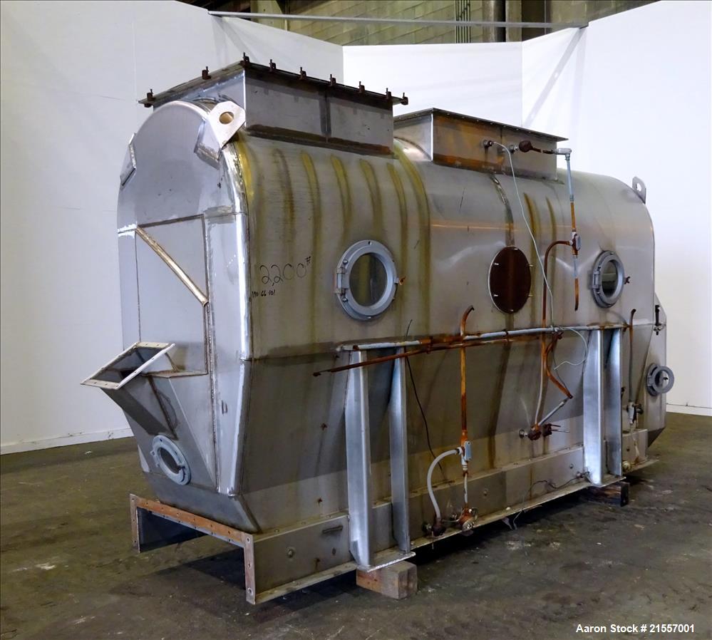 Used Scott Fluid Bed Dryer, Stainless Steel. Approximate 32" wide x 13' long, approximately 32 square feet of drying area. Includes cover.
