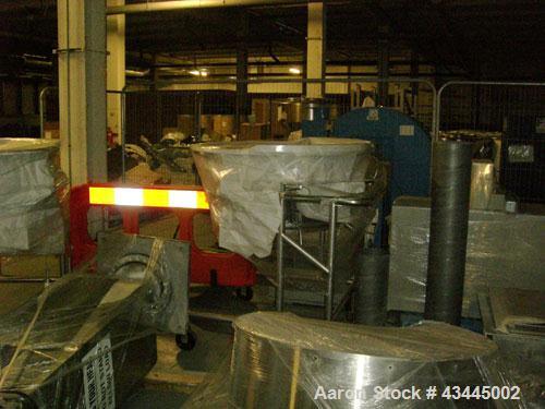 Used GLATT MODEL WSG120 STAINLESS STEEL FLUID BED DRYER. UNIT INCLUDES (3) STAINLESS STEEL MOBILE PRODUCT CONTAINERS, (1) FAN RATED 6000CUMT/HOUR. (1) HYDRAULIC POWERPACK. INCLUDES SWITCHGEAR CONTROL...