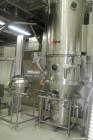 Used Glatt Fluid Bed Dryer Granulator, Model WSG 60, stainless steel construction, 2 bar shock rating, with (2) two spray granulation chambers with expansion chambers and bowls on carts, Rexroth hyra...