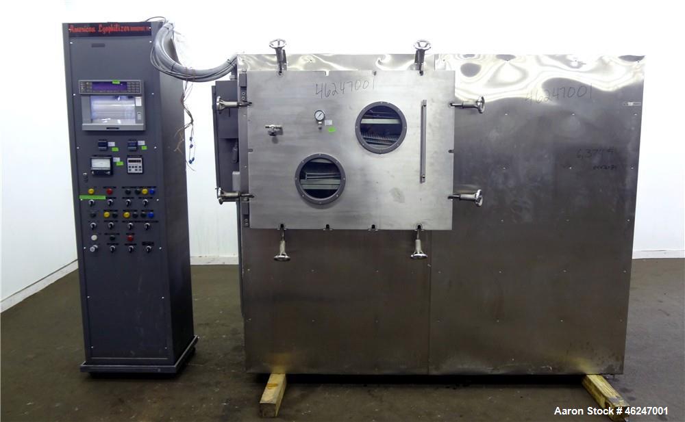 Used American Lyophilizer Freezer Dryer, Approximate 30 Square Feet, 304 Stainless Steel. Chamber approximate 38" wide x 28-1/2" tall x 40" deep. (6) 24" Wide x 36" long x 1" thick jacketed shelves, ...
