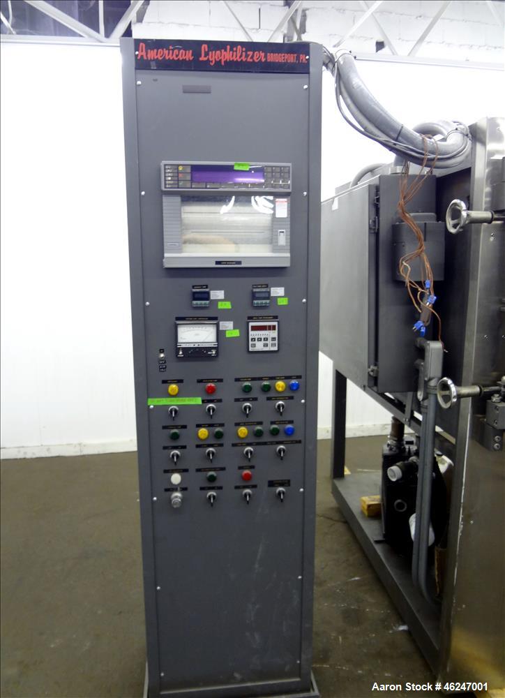 Used American Lyophilizer Freezer Dryer, Approximate 30 Square Feet, 304 Stainless Steel. Chamber approximate 38" wide x 28-1/2" tall x 40" deep. (6) 24" Wide x 36" long x 1" thick jacketed shelves, ...