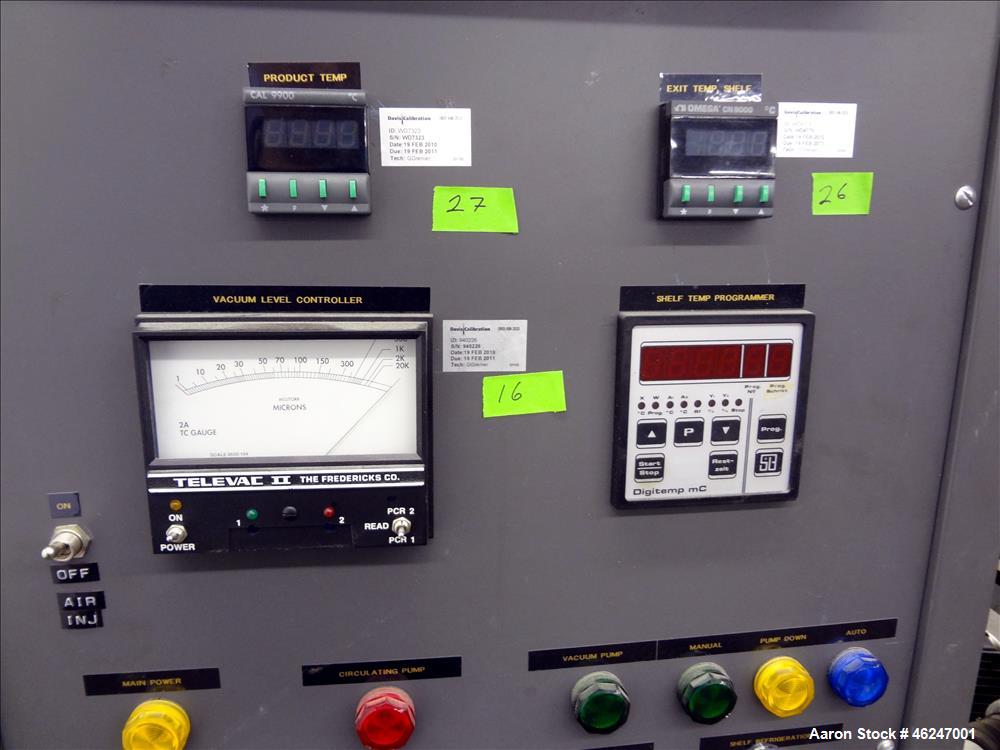 Used American Lyophilizer Freezer Dryer, Approximate 30 Square Feet, 304 Stainless Steel. Chamber approximate 38" wide x 28-1/2" tall x 40" deep. (6) 24" Wide x 36" long x 1" thick jacketed shelves, ...