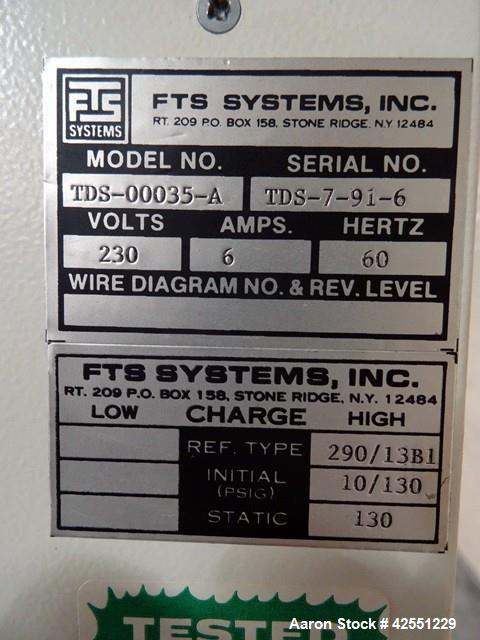 Used FTS Freeze Dryer, Model TDS-00035-A, Stainless Steel. Approximately 3.75 square feet surface area with (3) 11" x 16" shelves. Has model FD-00007-A chiller system, R12 refrigerant. Serial# TDS-7-...