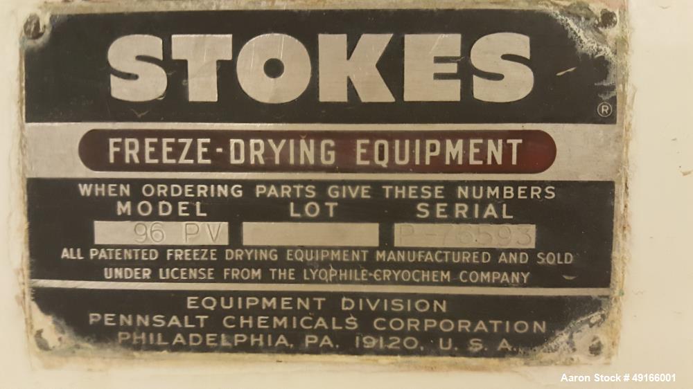 Used Stokes Freeze Dryer, Model 96PV, approximately 96 square foot lined.