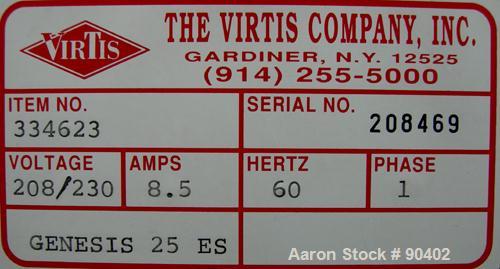 Used Virtis Genesis Freeze Dryer, Model 25ES, 316L Stainless Steel. Chamber measures 16" wide x 16" tall x 21" deep with 5 removable trays providing 7.65 square feet of area. 11" diameter x 21" deep ...