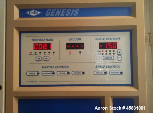 Used Virtis Freeze Dryer, Model Genesis 25ES.  Bulk 5 shelf freeze dryer, 208/230 volts, 30 amps, 60 hz, phase 1.  Manufactured 2000.