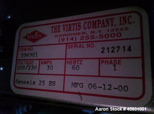 Used Virtis Freeze Dryer, Model Genesis 25ES.  Bulk 5 shelf freeze dryer, 208/230 volts, 30 amps, 60 hz, phase 1.  Manufactured 2000.