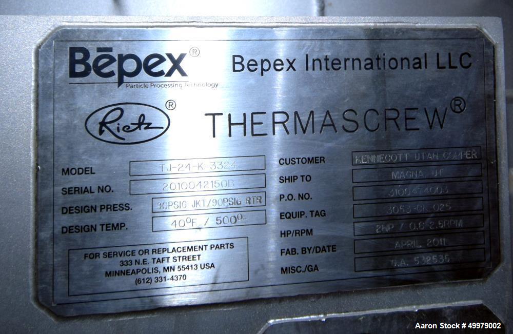 Unused- Bepex Rietz Thermascrew Processor, Model TJ-24-K3324, 304 Stainless Stee