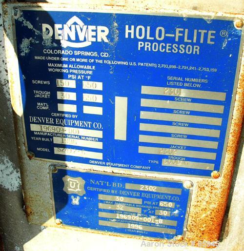 USED: Denver single screw Holo-Flite processor, model S2412-6. 304 stainless steel. (1) 24" diameter x 12' long x 6" pitch cored screw rated 150 psi at 650 deg F. Carbon steel jacketed trough 25" wid...