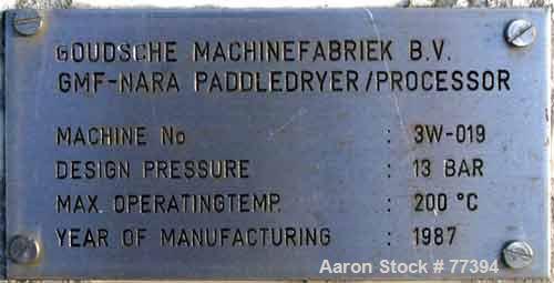 USED:GMF Nara paddle dryer, 304 stainless steel. 23-1/2" wide x 114" long x 18" deep jacketed trough. 2 approx 8" diameter 304 stainless steel cored shafts with 316 stainless steel flights, rated 195...
