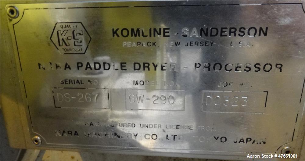 Used Komline-Sanderson Nara Paddle Dryer-Processor, Model 6W-250.