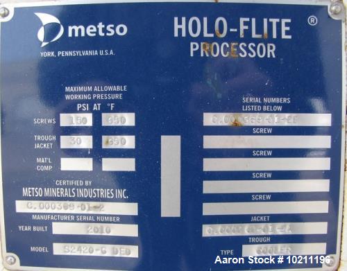Unused- Metso Minerals Holo-Flite Cooler Jacketed Thermal Processor, Model S2420-6-DED. Mild steel SA 516 grade 70 material ...