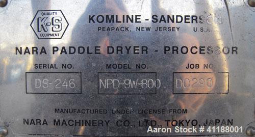 Used Komline Sanderson NARA Paddle Dryer/Processor, Model NPD-9W-800. 316L stainless steel jacketed trough approximately 228" long x 65" wide x 45" deep, 800 square feet of heat transfer area, rated ...