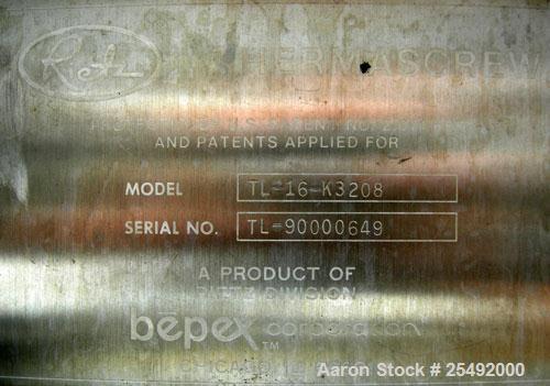 Used Rietz/Bepex Thermascrew Processor, model TL-16-K3208, 304 stainless steel. (1) 16" diameter x 7' long screw. Stainless steel jacketed trough 16-1/2" wide x 8' long x approximately 20" deep, rate...