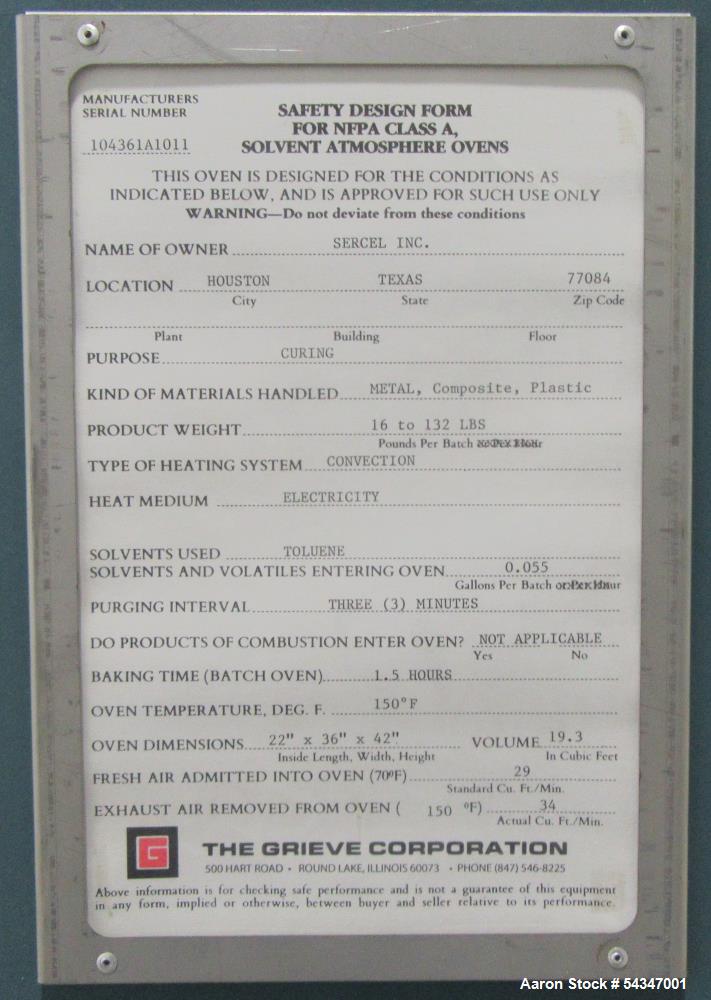 Used Grieve Model 323 Bench Oven – 36" x 22" x 42", 150°F, 5 Shelves