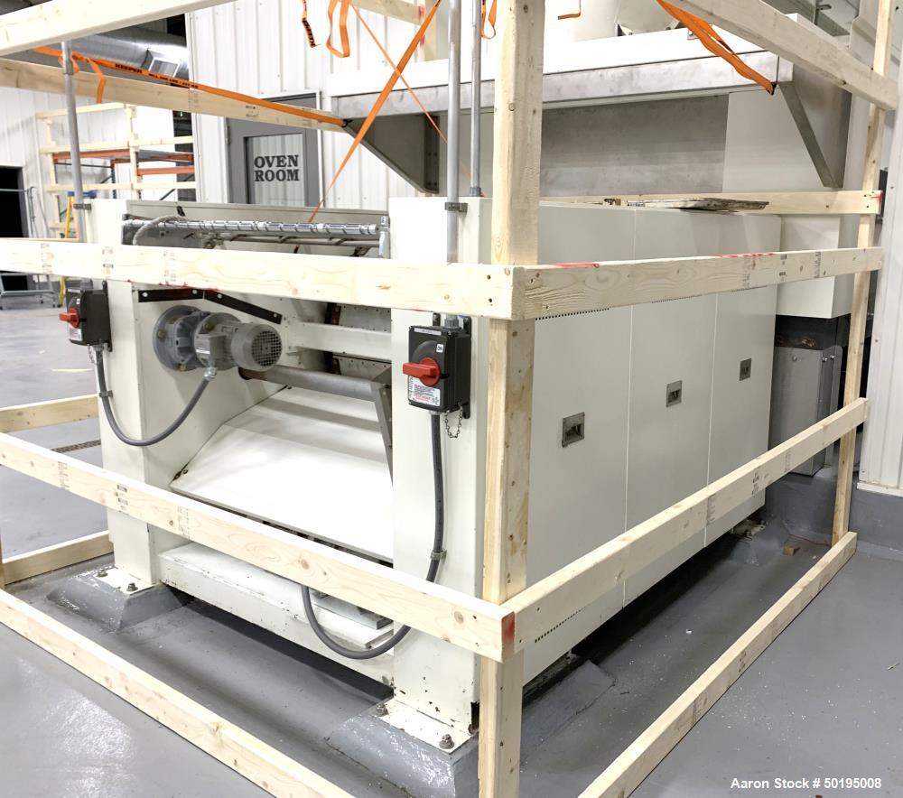 Used Dong Yang Food Machinery LPG Direct Cyclotherm Hybrid Oven. (3) Zones total, (1) direct heating section approximate 10.6m long, (2) indirect heating zones approximate 26m total. Baking length 37...
