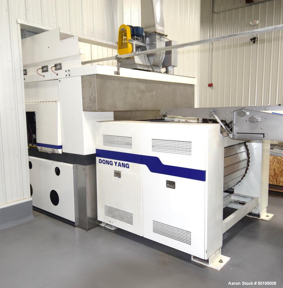 Used Dong Yang Food Machinery LPG Direct Cyclotherm Hybrid Oven. (3) Zones total, (1) direct heating section approximate 10.6m long, (2) indirect heating zones approximate 26m total. Baking length 37...