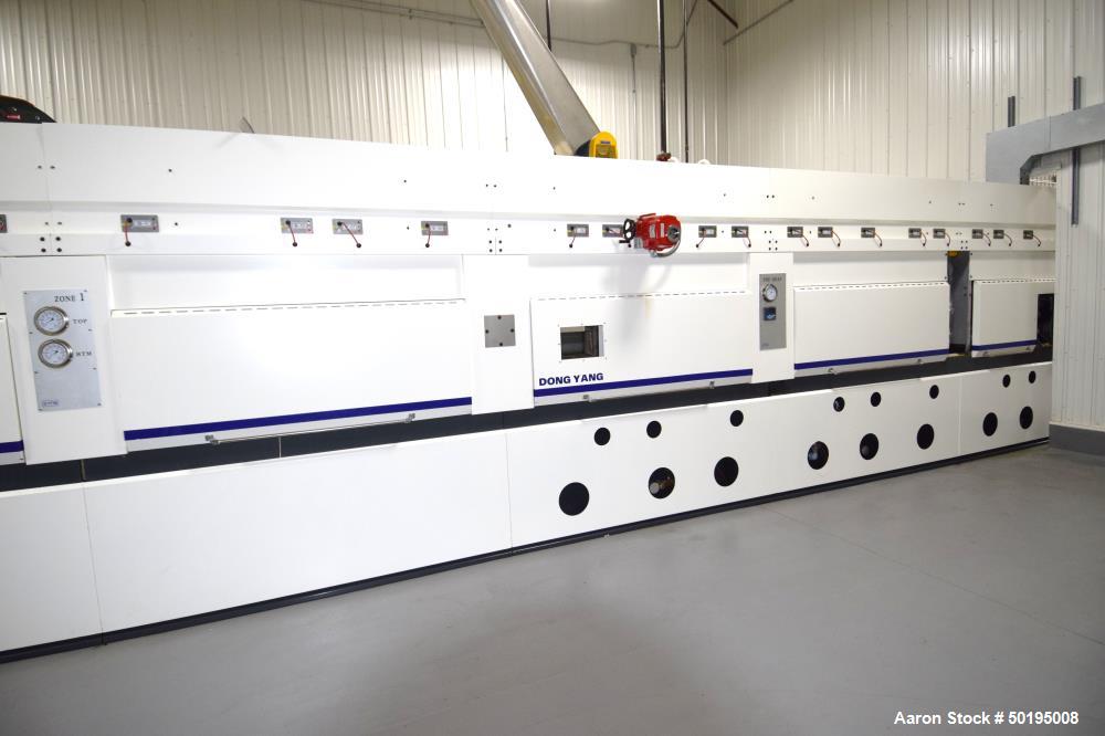 Used Dong Yang Food Machinery LPG Direct Cyclotherm Hybrid Oven. (3) Zones total, (1) direct heating section approximate 10.6m long, (2) indirect heating zones approximate 26m total. Baking length 37...