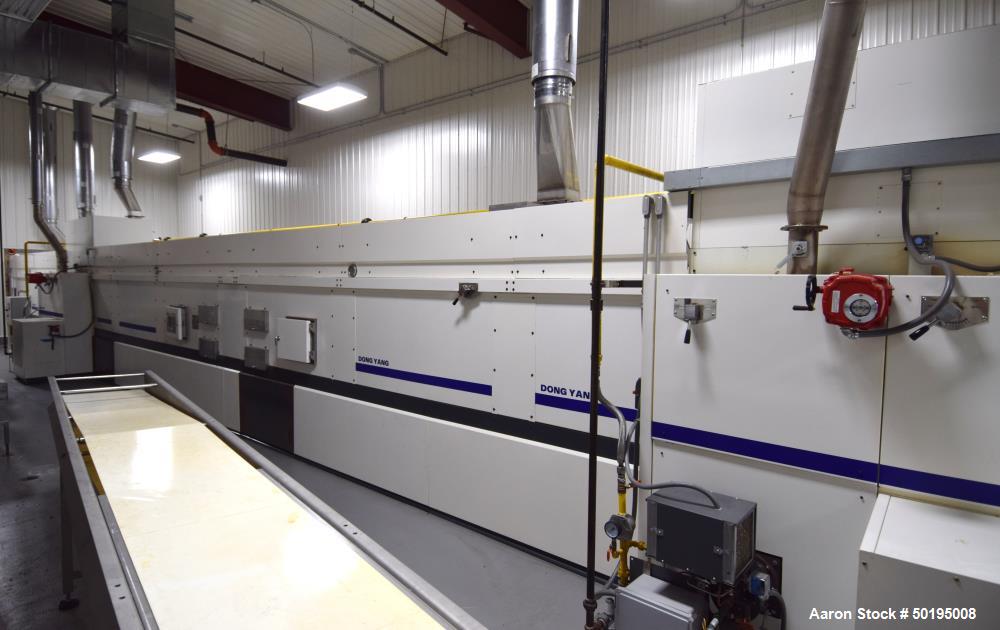 Used Dong Yang Food Machinery LPG Direct Cyclotherm Hybrid Oven. (3) Zones total, (1) direct heating section approximate 10.6m long, (2) indirect heating zones approximate 26m total. Baking length 37...
