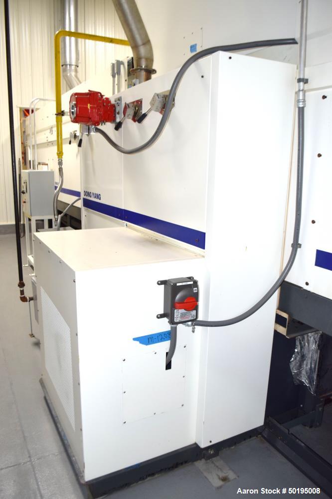 Used Dong Yang Food Machinery LPG Direct Cyclotherm Hybrid Oven. (3) Zones total, (1) direct heating section approximate 10.6m long, (2) indirect heating zones approximate 26m total. Baking length 37...