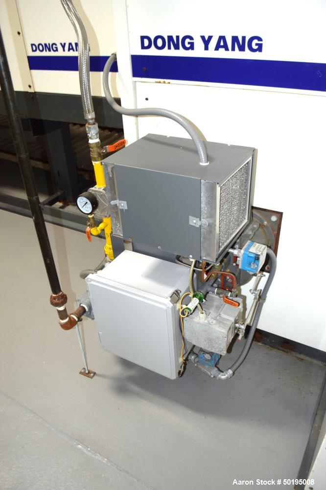 Used Dong Yang Food Machinery LPG Direct Cyclotherm Hybrid Oven. (3) Zones total, (1) direct heating section approximate 10.6m long, (2) indirect heating zones approximate 26m total. Baking length 37...