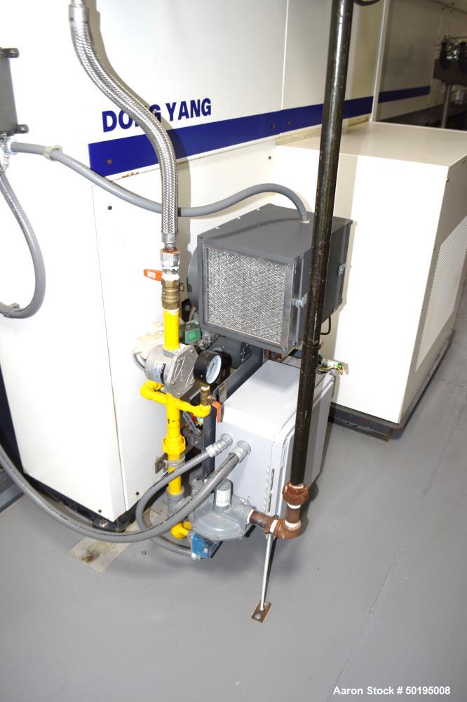 Used Dong Yang Food Machinery LPG Direct Cyclotherm Hybrid Oven. (3) Zones total, (1) direct heating section approximate 10.6m long, (2) indirect heating zones approximate 26m total. Baking length 37...