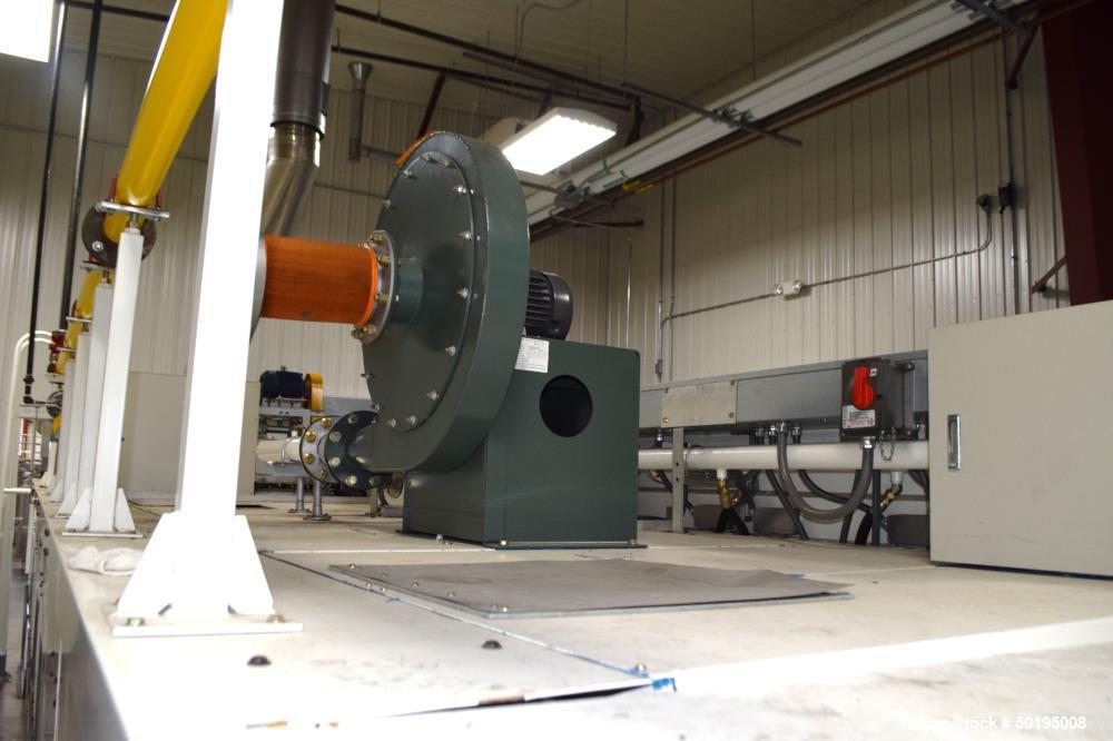 Used Dong Yang Food Machinery LPG Direct Cyclotherm Hybrid Oven. (3) Zones total, (1) direct heating section approximate 10.6m long, (2) indirect heating zones approximate 26m total. Baking length 37...