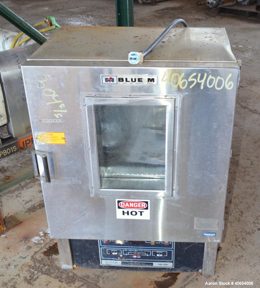 Used Blue M Utility Oven, model OV-510A-3 GOP. 304 Stainless steel chamber 19" wide x 18" high x 15" deep. Temperature range 50, or 100 degrees C. 1/60/120 volt. Hinged front door with window. Stabil...
