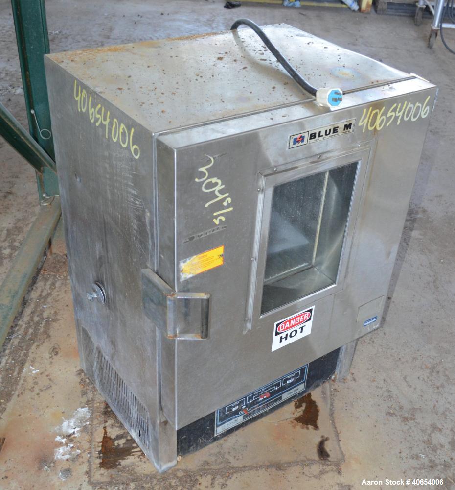 Used Blue M Utility Oven, model OV-510A-3 GOP. 304 Stainless steel chamber 19" wide x 18" high x 15" deep. Temperature range 50, or 100 degrees C. 1/60/120 volt. Hinged front door with window. Stabil...
