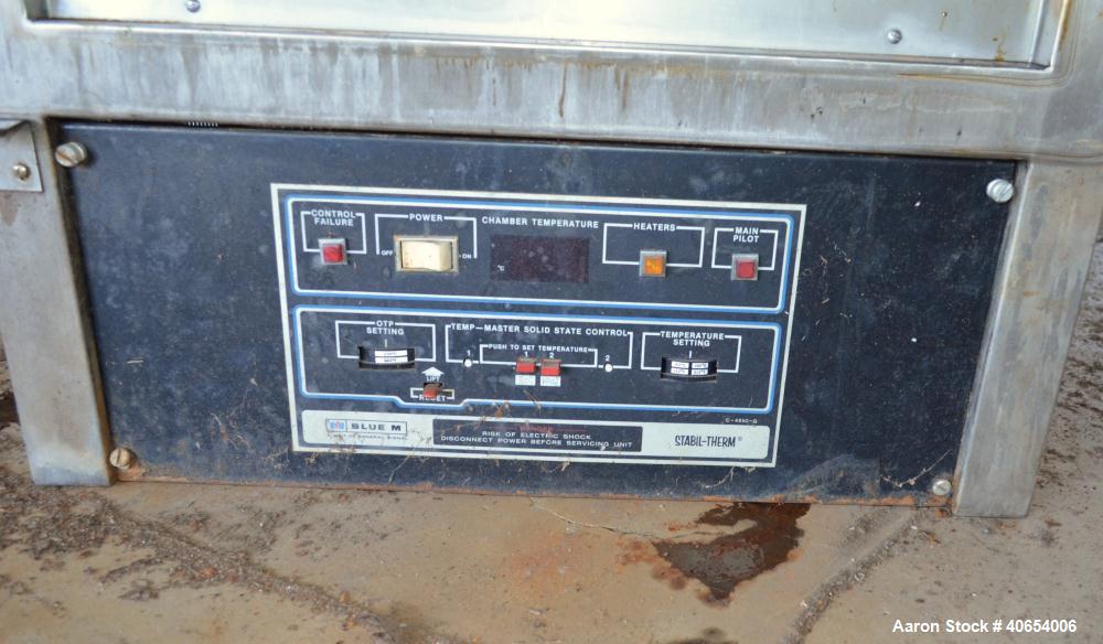 Used Blue M Utility Oven, model OV-510A-3 GOP. 304 Stainless steel chamber 19" wide x 18" high x 15" deep. Temperature range 50, or 100 degrees C. 1/60/120 volt. Hinged front door with window. Stabil...