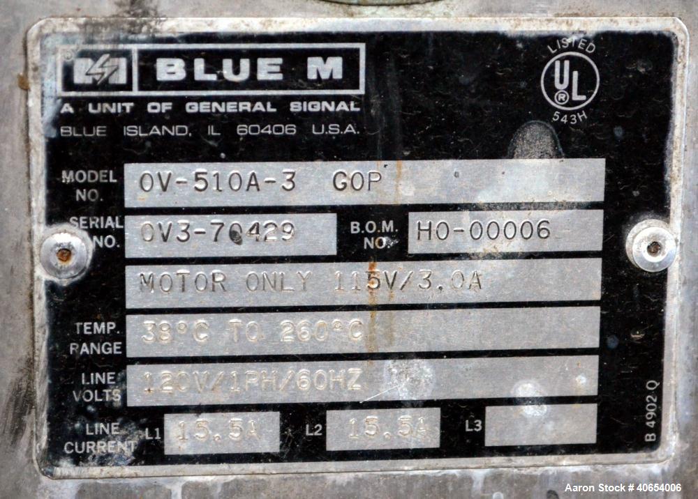 Used Blue M Utility Oven, model OV-510A-3 GOP. 304 Stainless steel chamber 19" wide x 18" high x 15" deep. Temperature range 50, or 100 degrees C. 1/60/120 volt. Hinged front door with window. Stabil...
