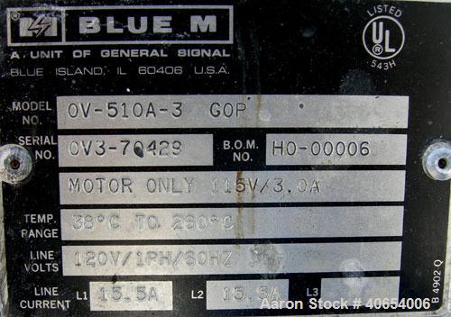 Used Blue M Utility Oven, model OV-510A-3 GOP. 304 Stainless steel chamber 19" wide x 18" high x 15" deep. Temperature range 50, or 100 degrees C. 1/60/120 volt. Hinged front door with window. Stabil...