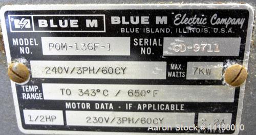 Used Blue M Mechanical Oven, Model POM-136F-1. 304 Stainless steel chamber 38” wide x 25” high x 20” deep. Temperature range 343 degrees C. / 650 degrees F. (2) Hinged front door. 3/60/240 volt. Incl...