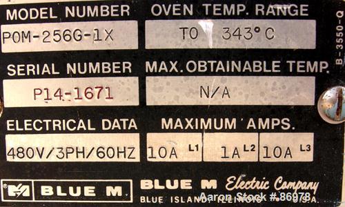 USED: Blue M mechanical convection oven, model POM-256G-1X. Stainlesssteel chamber 25" wide x 20" high x 20" deep, 5.8 cubic feet interiorvolume. Temperature range 343 deg C/650 deg F. Hinged front d...