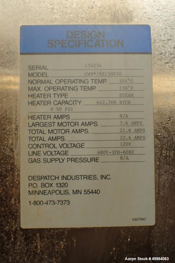 Used Despatch Industries Gas Tray Drying Oven, Model GWB*78x150x50.
