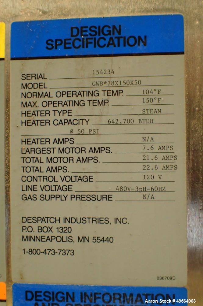 Used Despatch Industries Gas Tray Drying Oven, Model GWB*78x150x50.