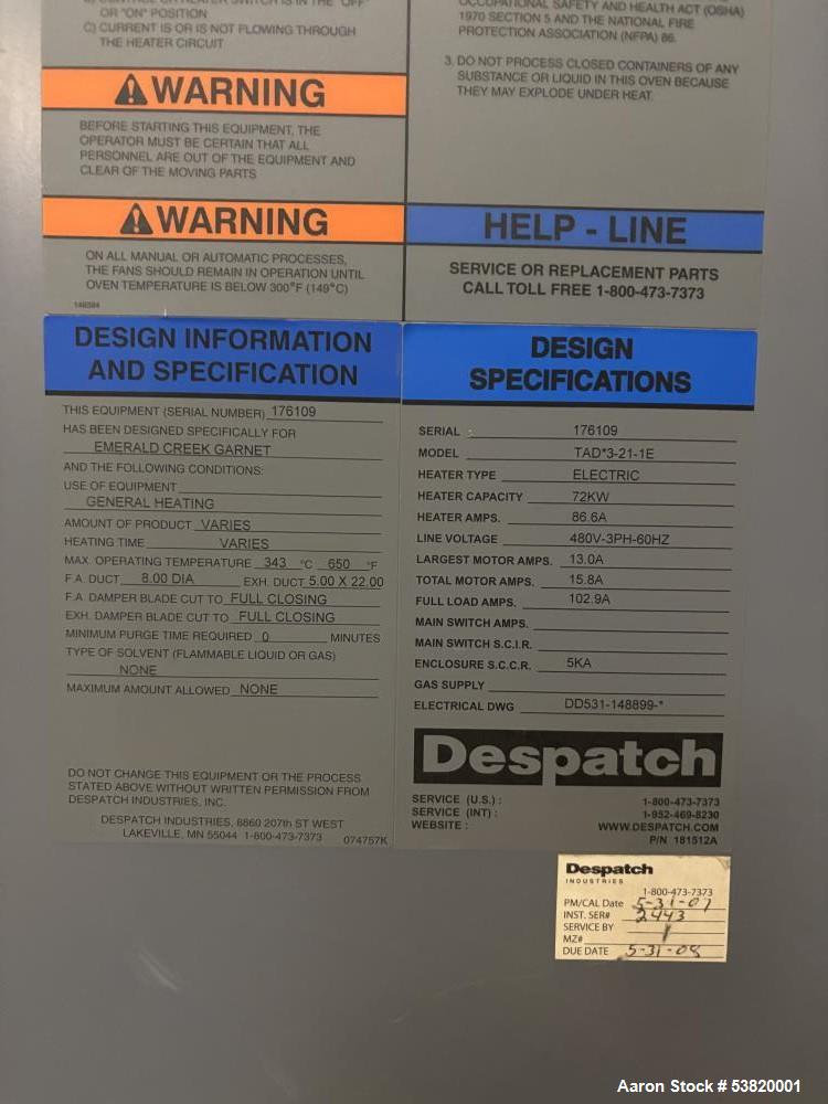 Used Despatch TAD3-21-1E Industrial Walk-In Oven – 650°F Max Temperature