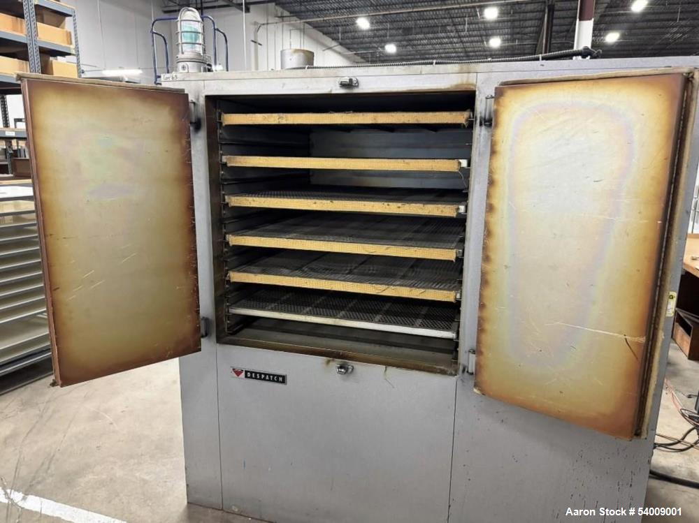 Used Despatch Industries Electric Oven, model V-34 STD, 6-Shelves.  . Rated for 500°F max, with a 12-kW electric heater drawing 28.9 amps. Operates on 240V, 3-phase, 60 Hz power with 120V control vol...