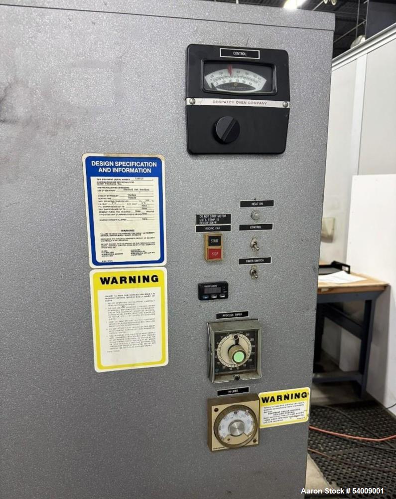 Used Despatch Industries Electric Oven, model V-34 STD, 6-Shelves.  . Rated for 500°F max, with a 12-kW electric heater drawing 28.9 amps. Operates on 240V, 3-phase, 60 Hz power with 120V control vol...