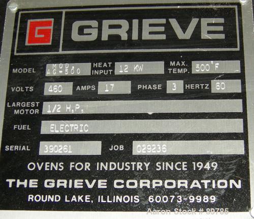 USED: Grieve electric oven, model AG-500. 12 kw, max temp 500 deg F. 460V, 17 amps, 3/60, 1/2 hp motor. Chamber is carbon steel and has provision for 5 shelves, 4 included. Shelves are 35" wide x 48"...