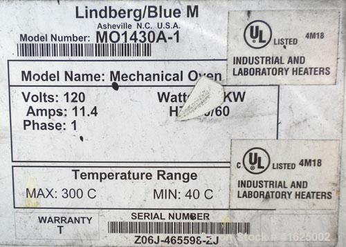 Used Lindberg Blue M Mechanical Oven, Model MO1430A-1. 304 stainless steel. 1.8 cubic feet chamber 13" wide x 15" high x 16" deep with internal shelves. Temperature range 40 deg C to 300 deg C (104 t...